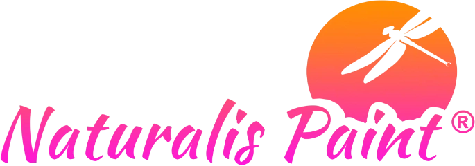 Logo with the text "Naturalis Paint" in pink script font and an orange circle featuring a dragonfly silhouette.