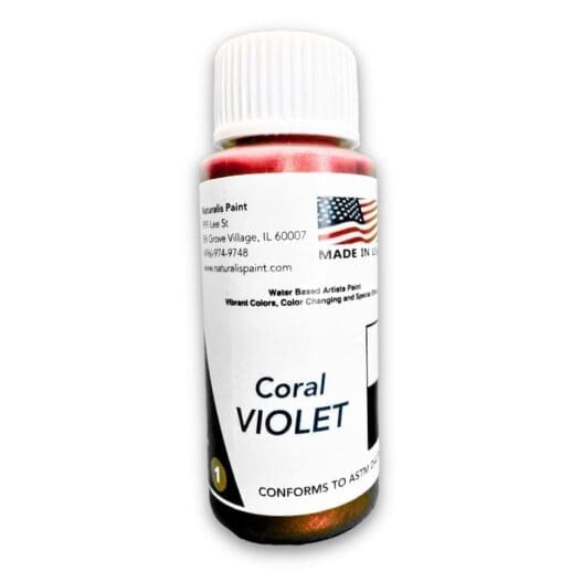 A white bottle with a red cap, labeled "Coral Violet" by Naturalis Paint. This artist-quality, water-based paint is made in the USA.