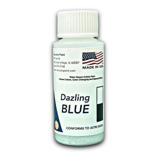 A small bottle of Murals Paint labeled "Dazling Blue," indicating it is a water-based acrylic paint made in the USA with vibrant color, color-changing, and special effects properties.